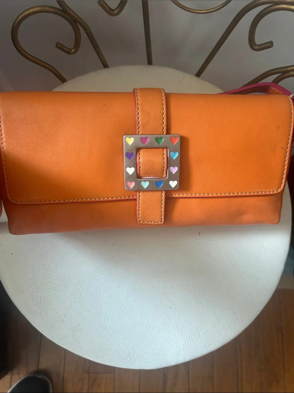 Y2K Dooney & Bourke Orange Leather Clutch with Multicolor Heart Buckle